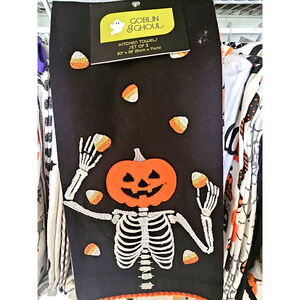 Goblin and Ghoul Halloween Skeleton With Pumpkin Head Kitchen Towels 2pk